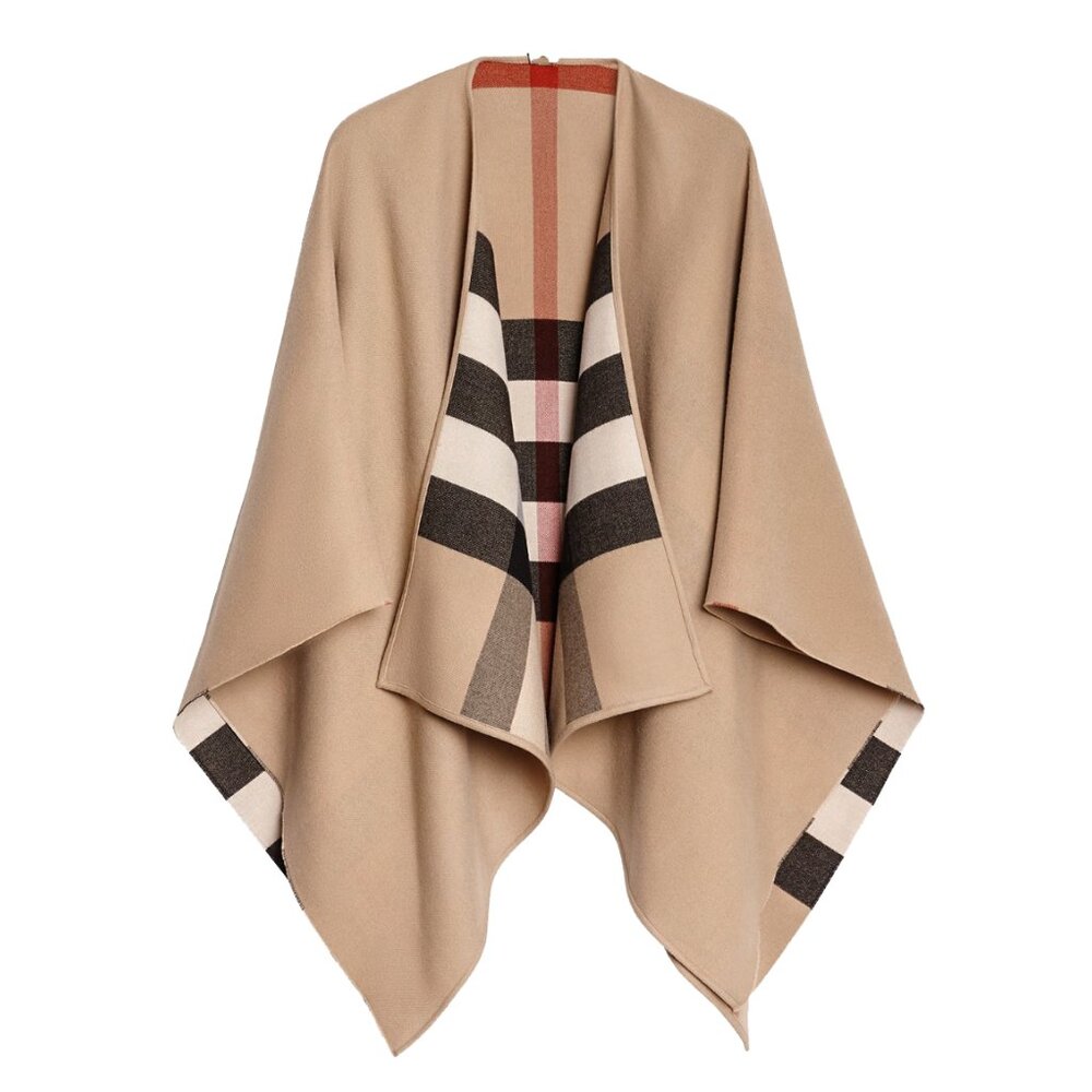 Burberry Charlotte Reversible Solid/House Check Wool Cape One Size - Picture 2 of 13